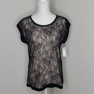 DVF Cordelia Floral Chantilly Black Lace Short Sleeve Top